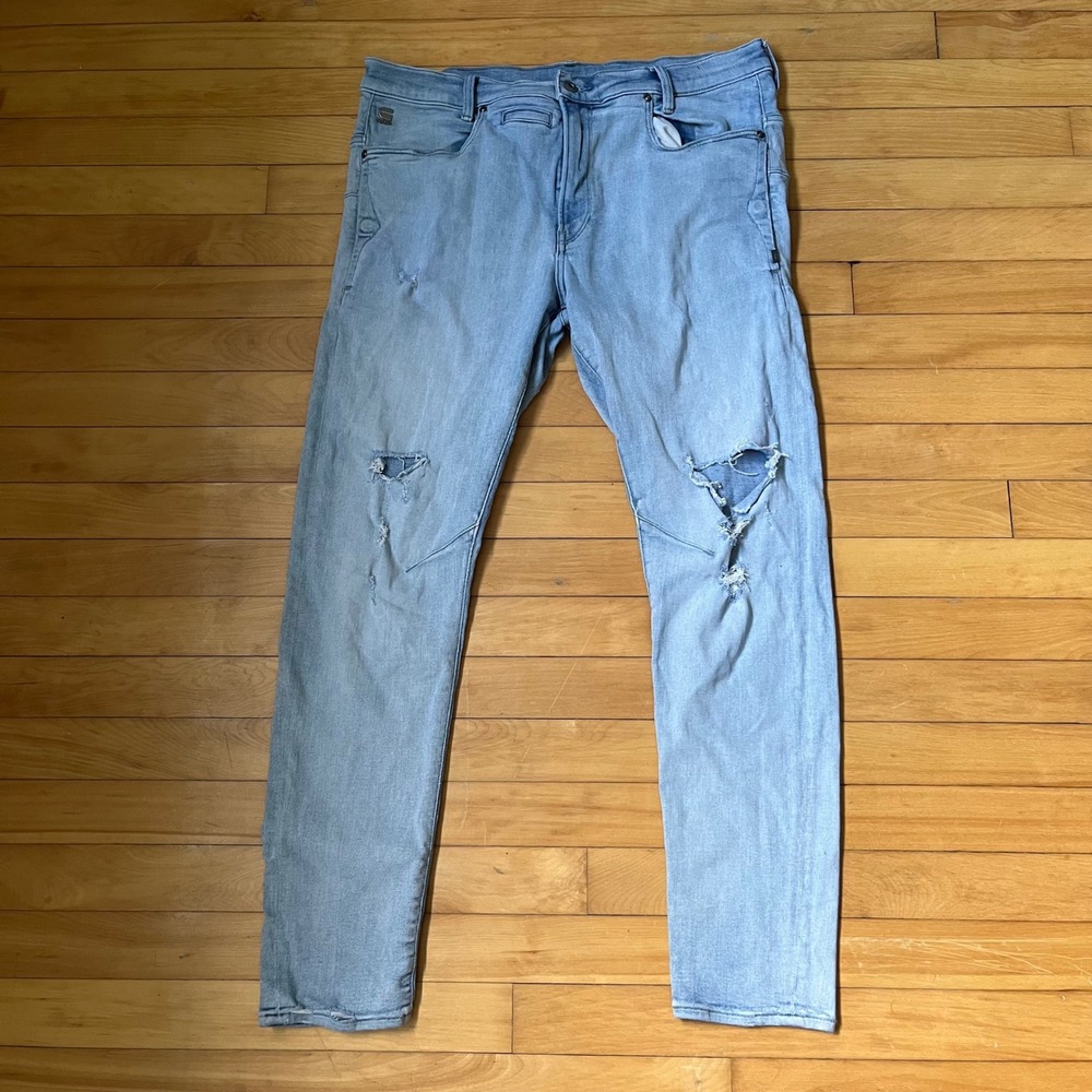 G-Star RAW D-Staq 3D Slim Distressed Ripped Light Wash Blue Jeans Mens 36x32